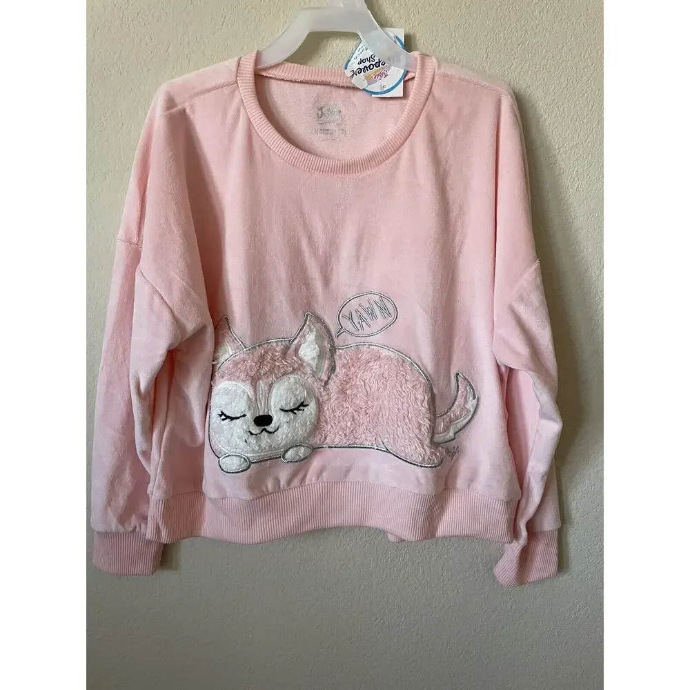 Justice Berry Burst Pink Furry Friend Yawn Drop Long Sleeve Velour Top Size 10